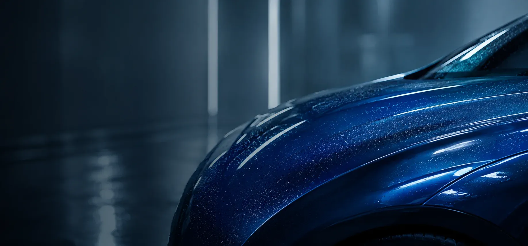 Voiture bleue fraîchement peinte avec fini à base d'eau Mipa WBC